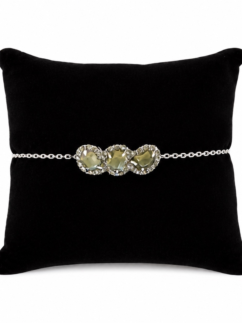 NEW - Sam Edelman Olive Green Crystal & Silver 3 Stone Adjustable Bracelet